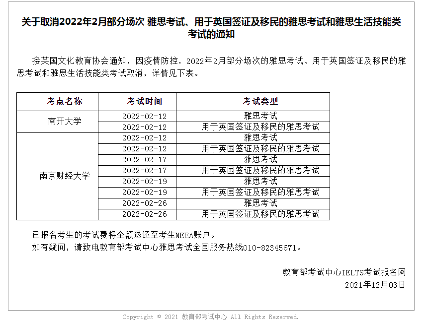 關于取消2022年2月部分場次 雅思考試、用于英國簽證及移民的雅思考試和雅思生活技能類考試的通知