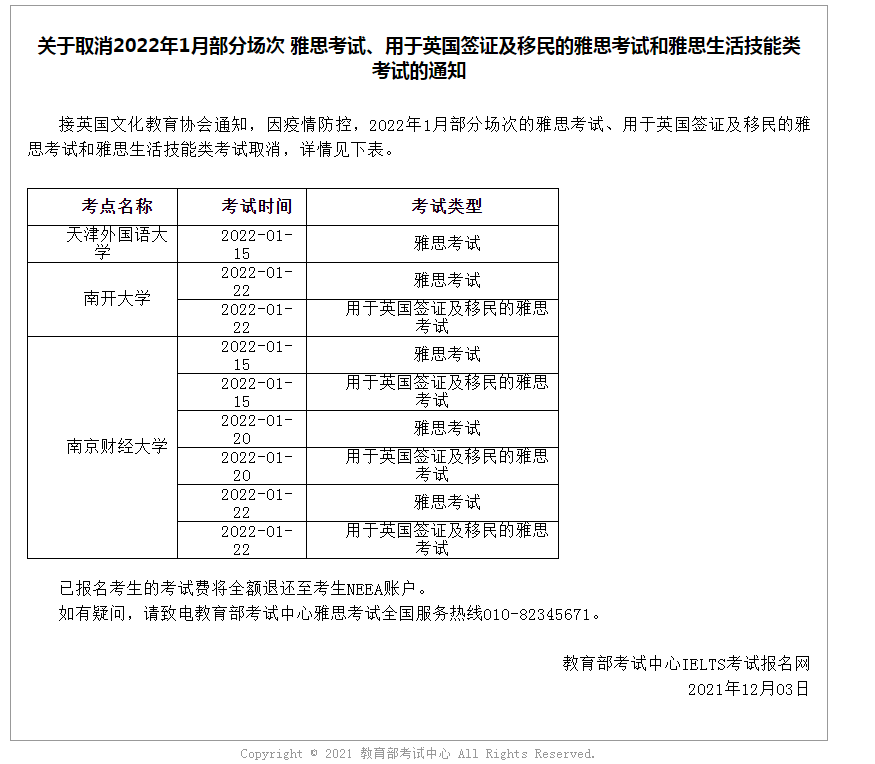 關于取消2022年1月部分場次 雅思考試、用于英國簽證及移民的雅思考試和雅思生活技能類考試的通知