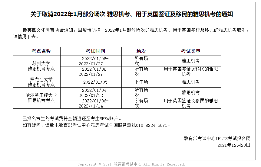 關(guān)于取消2022年1月部分場(chǎng)次 雅思機(jī)考、用于英國(guó)簽證及移民的雅思機(jī)考的通知