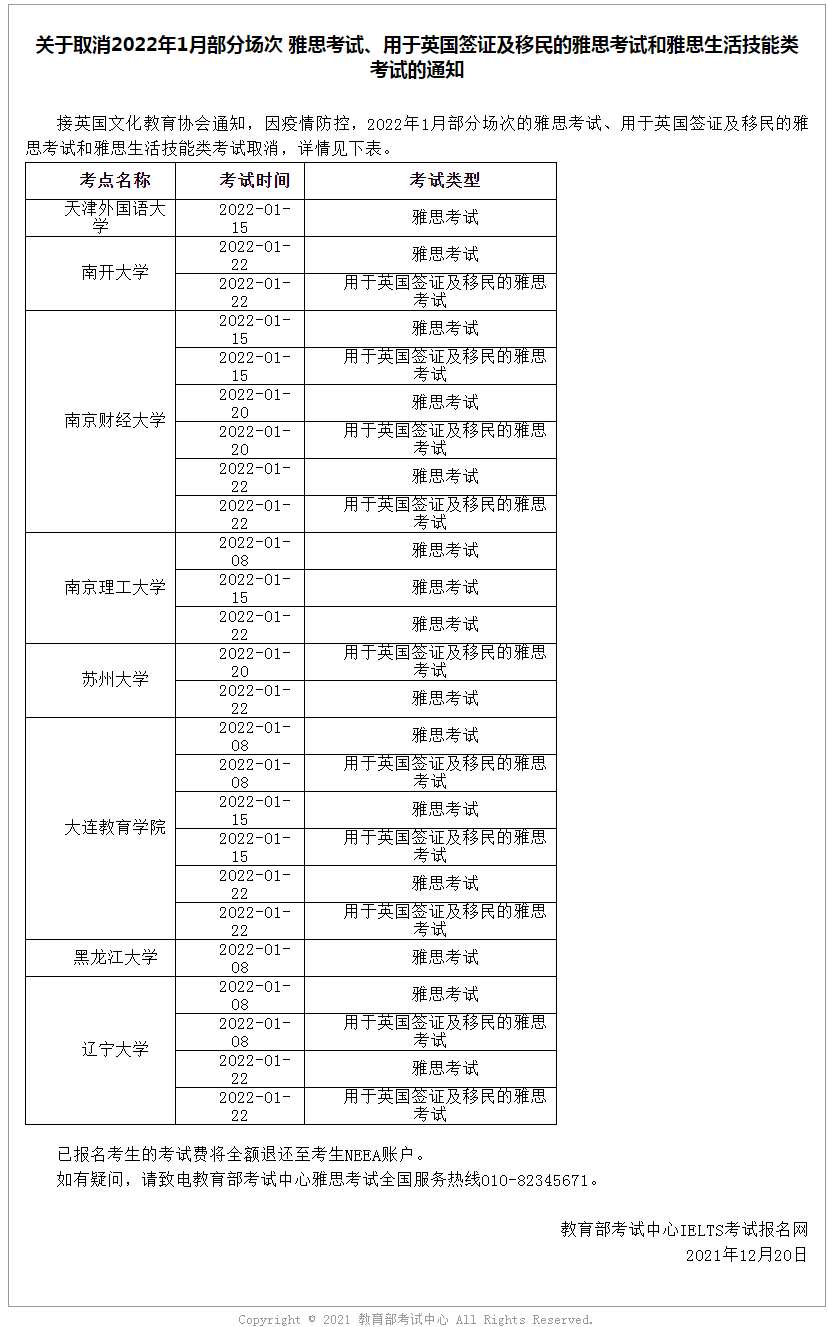 關(guān)于取消2022年1月部分場(chǎng)次 雅思考試、用于英國(guó)簽證及移民的雅思考試和雅思生活技能類(lèi)考試的通知