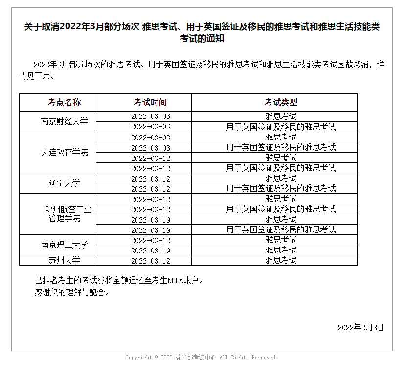 關于取消2022年3月部分場次 雅思考試、用于英國簽證及移民的雅思考試和雅思生活技能類考試的通知