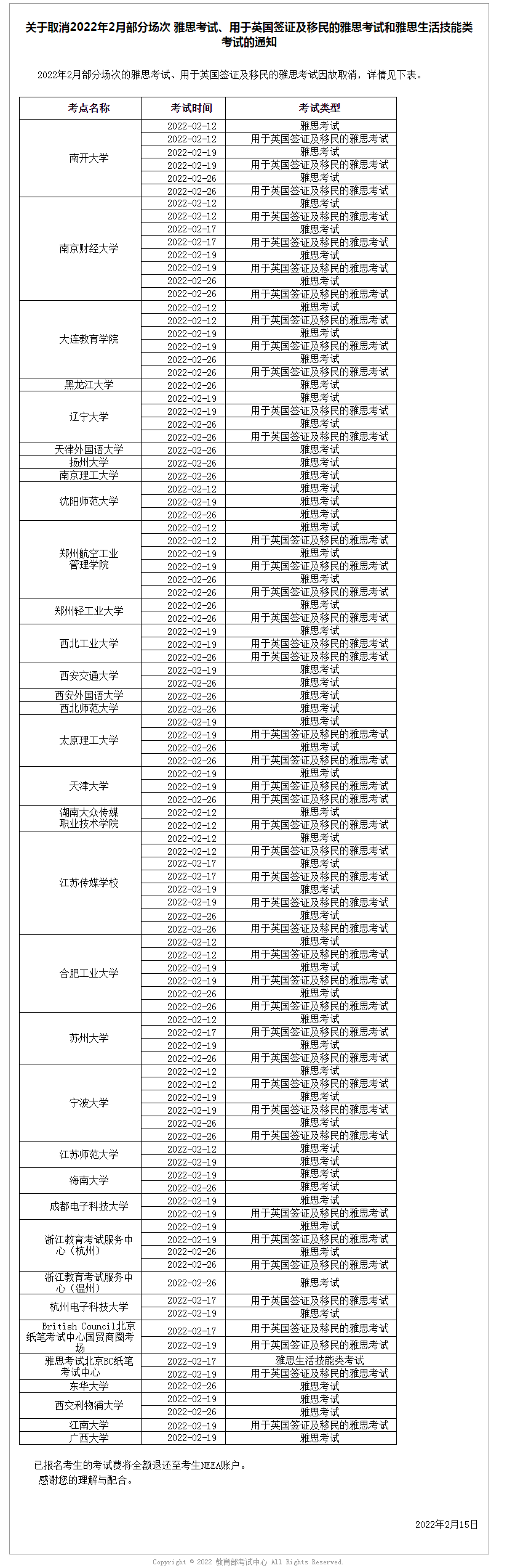 關于取消2022年2月部分場次 雅思考試、用于英國簽證及移民的雅思考試和雅思生活技能類考試的通知