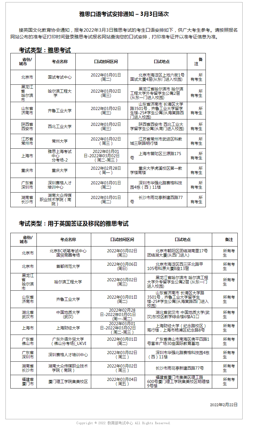 雅思口語考試安排通知 – 3月3日?qǐng)龃?><b><br></b></p><p>請(qǐng)按照?qǐng)?bào)名網(wǎng)站公布的準(zhǔn)考證打印時(shí)間登錄雅思考試報(bào)名網(wǎng)站查詢您的口試安排，打印準(zhǔn)考證并以準(zhǔn)考證信息為準(zhǔn)。</p>                                                                                                                                                              </div>
                        <div   id=